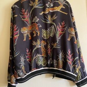 Johnny Was Black Bomber Jacket with Multicolor Jungle Print